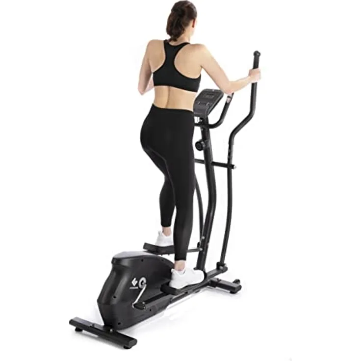 FitEngine Crosstrainer | 10 Schwierigkeitsstufen und extra großes Display mit extra Halterung für Tablet und Smartphone | Pulssensoren in den Griffen | Rutschfeste Pedale [belastbar bis 150 kg]
