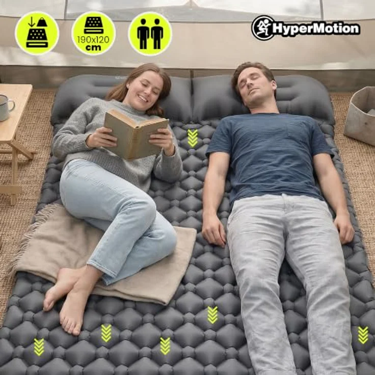 HyperMotion Campmat 2, ultraleichte Isomatte für 2 Personen, 190x120 cm, grau, mit integrierten Kopfkissen und schnellem Mundaufblasen – Bild 5
