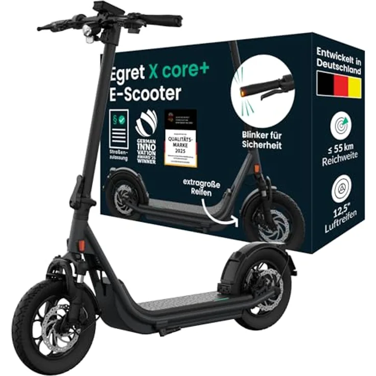 EGRET Egret X core+ E-Scooter, 55 km Reichweite, 12,5" Gravel-Luftreifen, App-Steuerung, 130 kg Tragfähigkeit, Straßenzulassung