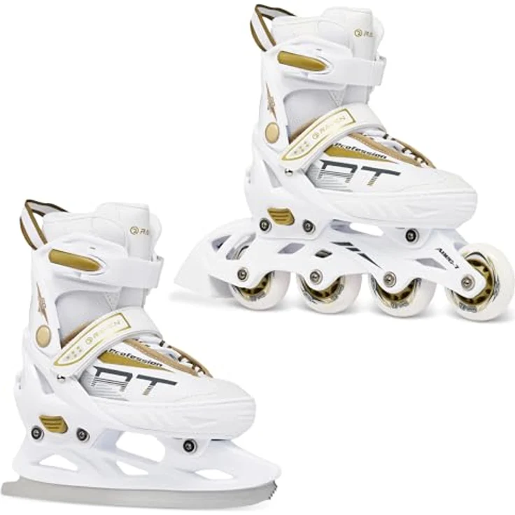 RAVEN Profession Inlineskates, verstellbare 2in1 Inliner und Schlittschuhe für Kinder und Erwachsene, White/Gold, Größe 38-42 (25cm-27,5cm) – Bild 1