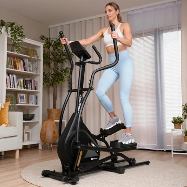 HS HOP-SPORT Crosstrainer HS-140CF Rock - Klappbarer Ellipsentrainer mit 32 Widerstandsstufen & Pulssensoren, App kompatibel, bis 120kg belastbar, in elegantem Design – Bild 2
