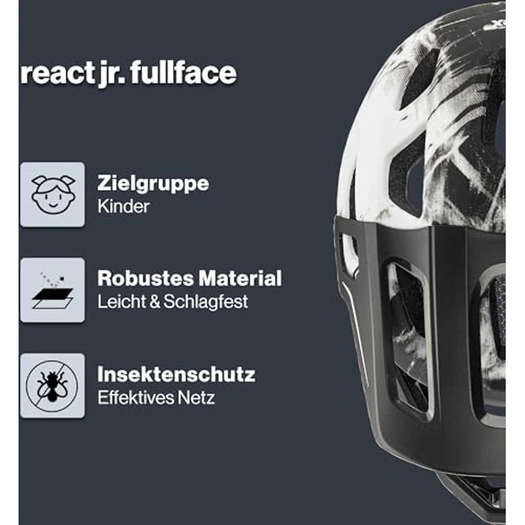 Uvex React Jr. FullFace Integral Helm für Kinder, schwarz und weiß matt, mit integrierter Sonnenblende und passiver Belüftung – Bild 2