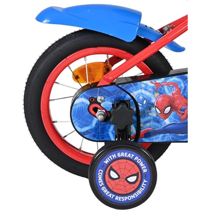Volare Spider-Man Kinderfahrrad, 12 Zoll mit Handbremse, Rücktrittbremse, abnehmbaren Stützrädern, Blau/Rot – Bild 9