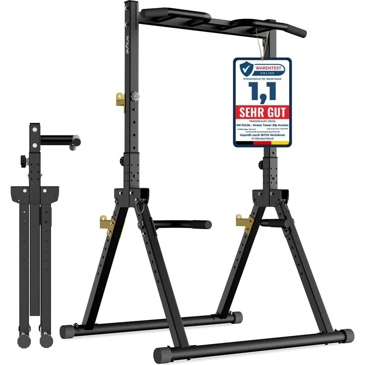 DH FitLife Faltbarer Power Tower Dip Station, Klimmzugstation mit Dip-Barren & Hantelablage, bis 150 kg, platzsparendes Design für Home Gym