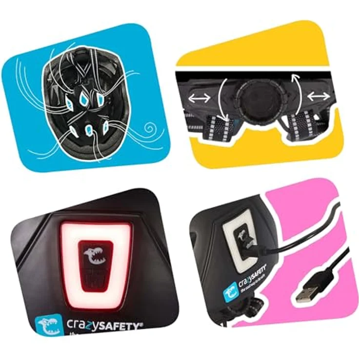 Crazy Safety Graffiti Kinder Fahrradhelm, verstellbar von 54-58 cm, mit wiederaufladbarem USB-Rücklicht und 15 Lüftungslöchern, Weiß/Blau – Bild 3