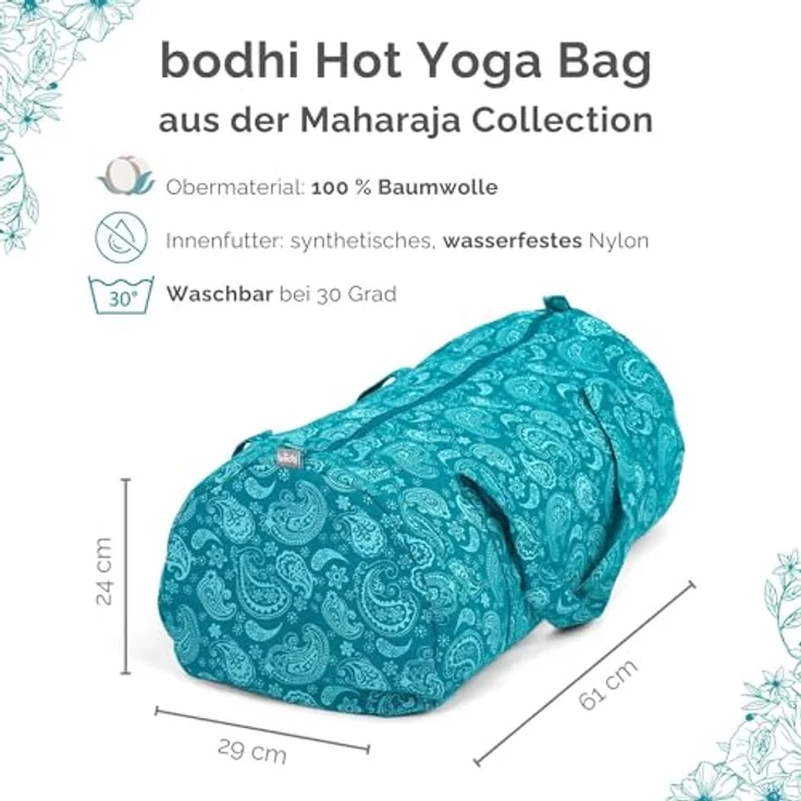 Bodhi Hot Yoga Bag | Maharaja Collection | Yogatasche aus Baumwolle mit wasserfestem Innenfutter | Große Yogamattentasche | Tasche für Yogamatte und Zubehör | Paisley/Petrol – Bild 2