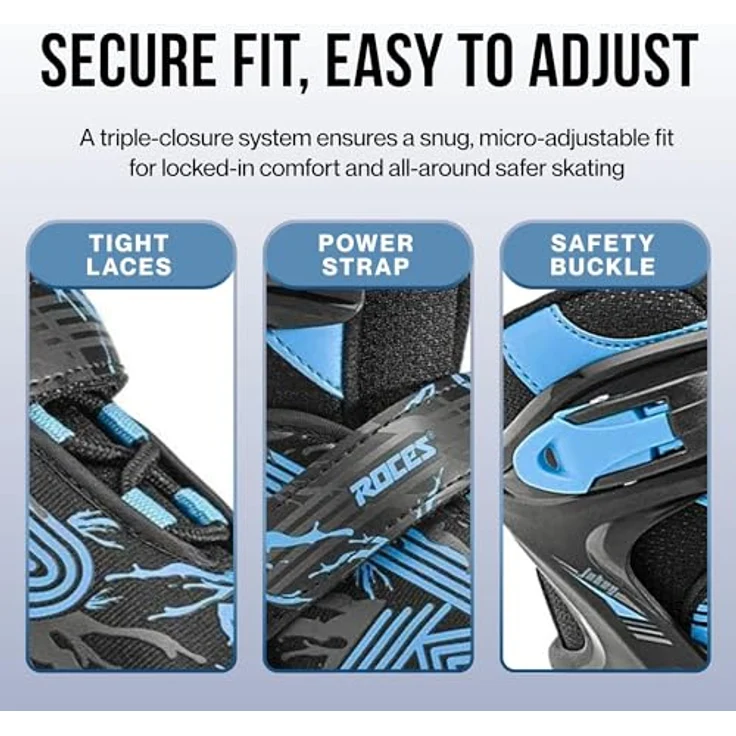 ROCES Jokey Ice 3.0, verstellbare Schlittschuhe für Kinder, schwarz-Astro Blau, Größe 26/29, anatomisch gepolstert, mit schnürverschluss und Velcro-Ristband – Bild 5