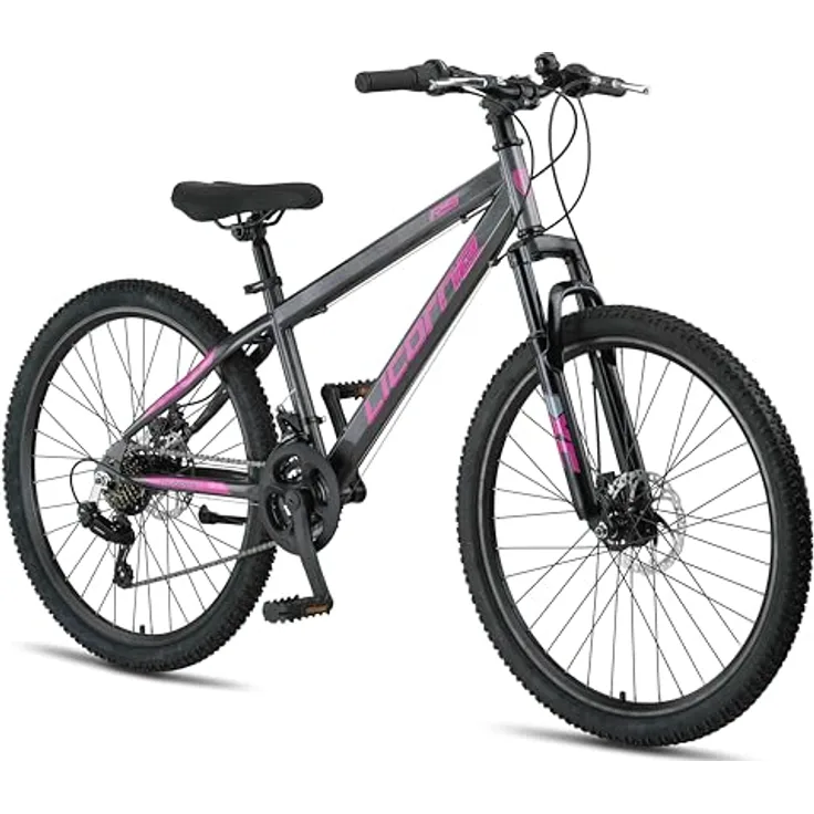 Licorne Bike Thunder Premium Mountainbike, Anthrazit/Rosa, 26 Zoll, Shimano 21 Gang, hydraulische Scheibenbremsen, Hardtail