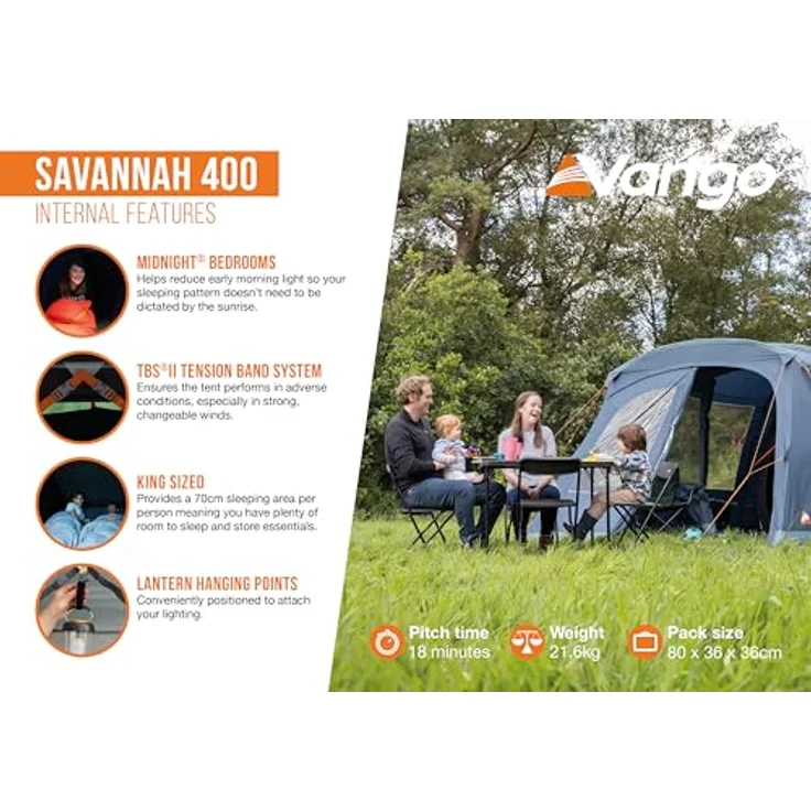 Vango Savannah 400, 4-Personen Zelt mit integriertem Vorzelt, 4000 mm Wassersäule, King Size Midnight Bedrooms, inkl. Zeltbodenschutz – Bild 5