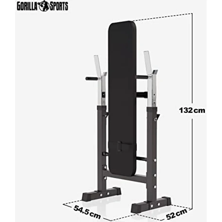 GORILLA SPORTS® Hantelbank - inkl. Hantelset 38 kg/70 kg, Ablage und Dip-Station, Verstellbare Höhe und Neigungswinkel, Klappbar, bis 200 kg - Trainingsbank mit Langhantelset, Flachbank, Schrägbank – Bild 5