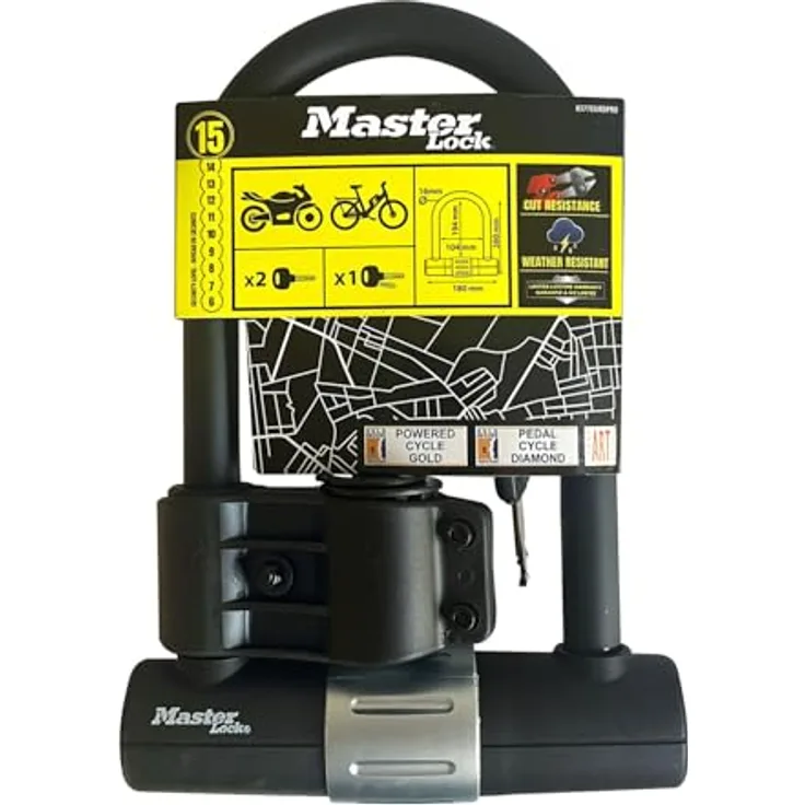 Master Lock 8377EURDPRO, Zertifiziertes hochbeanspruchbares Fahrrad-Bügelschloss mit Universal-Halterung und Schlüsselverriegelung, gehärteter Stahl, 200 x 100 mm