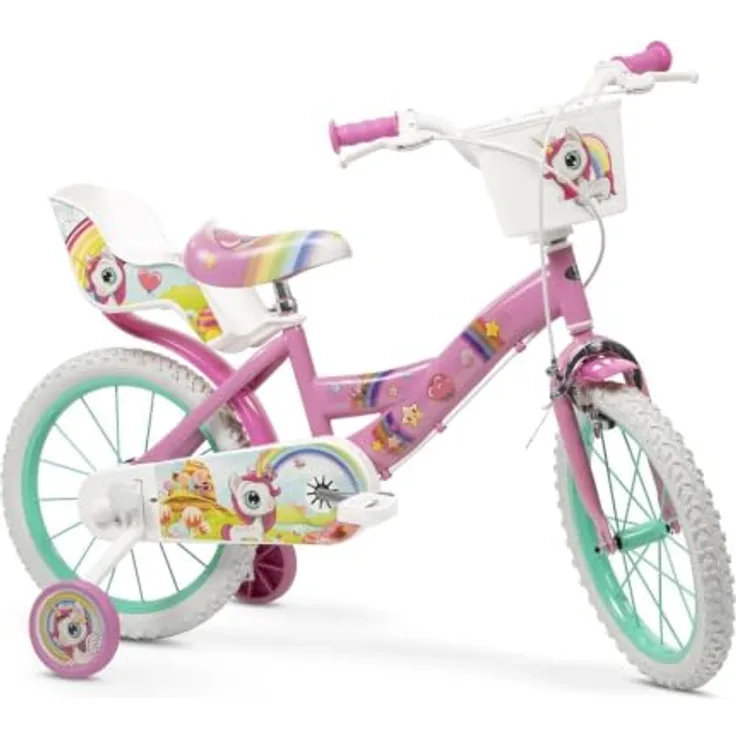 Toimsa Bikes Kinderfahrrad 16 Zoll Mädchenfahrrad mit Einhorn-Design, 1 Gang, Puppensitz, Korb und Stützräder