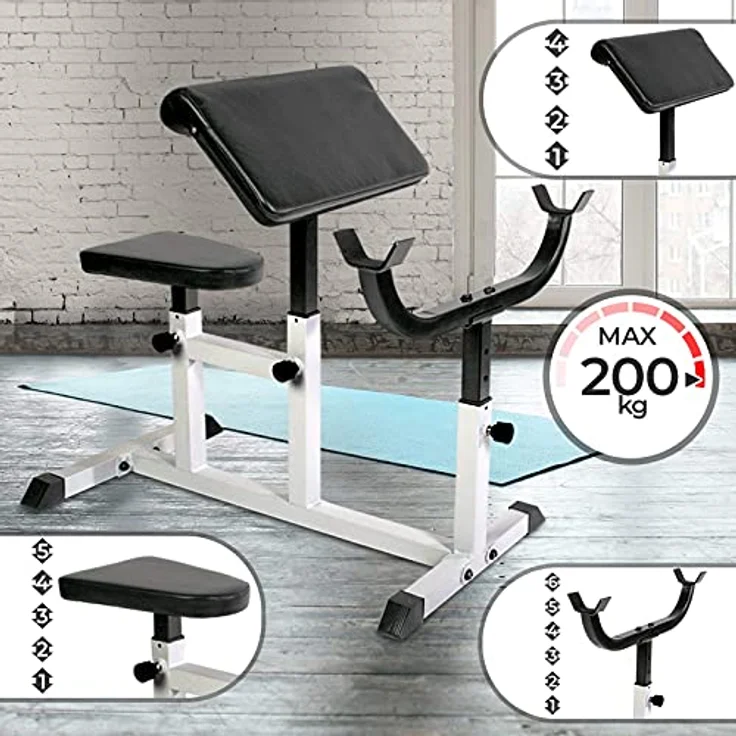 Physionics® Curlbank - Sitz 5-Fach, Armlehne 4-Fach, Langhantelablage 6-Fach höhenverstellbar, bis 200 kg belastbar- Curl Hantelbank, Curlpult, Bizepsbank, Scottbank, Curl-Maschine – Bild 2