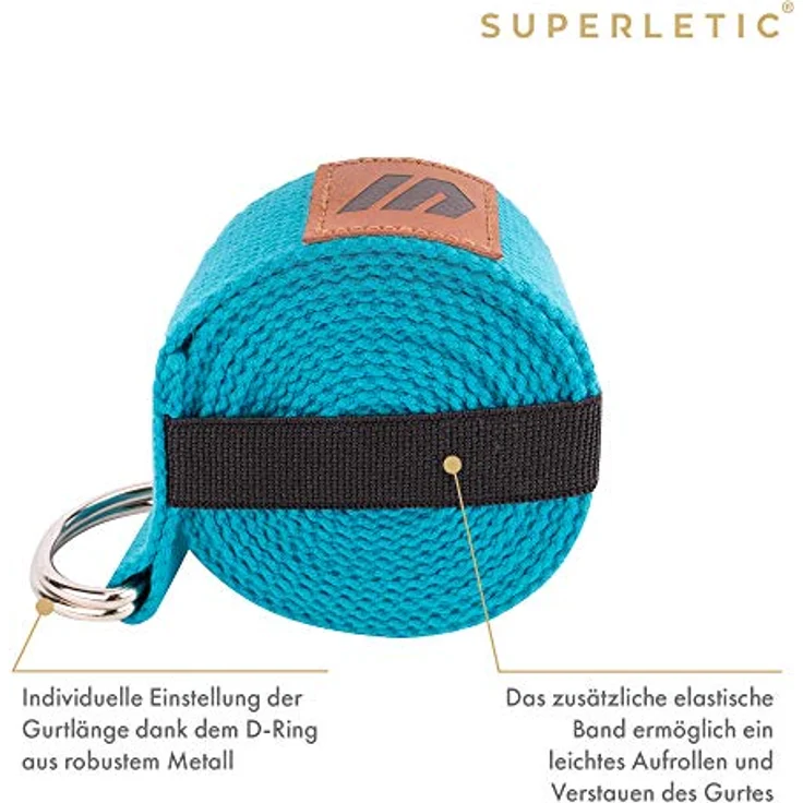 SUPERLETIC® Yogagurt, 250 cm Yoga Zubehör aus 100% Baumwolle mit Einstellbarer D-Ring-Schnalle und Elastischem Band – Bild 3
