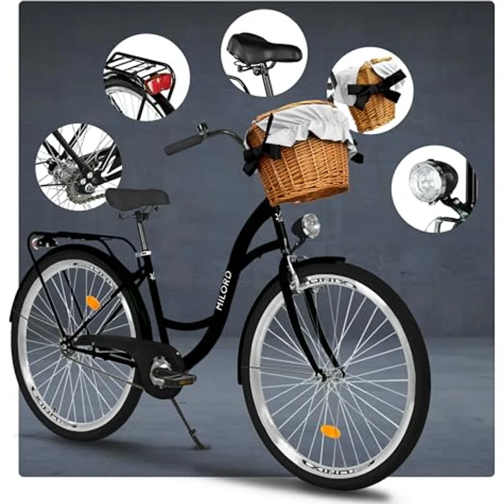 Milordbikes City-Fahrrad, Schwarz, 46 cm, Metallrahmen, 700C Reifen, vormontiert mit Träger und Zubehör – Bild 7