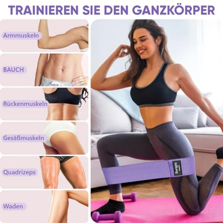 Suright Fitnessbänder Set, 3-Level Resistance Bands, rutsch- und schweißfest für Kraft- und Flexibilitätstraining, Hellviolett, Lila, Dunkelviolett – Bild 5