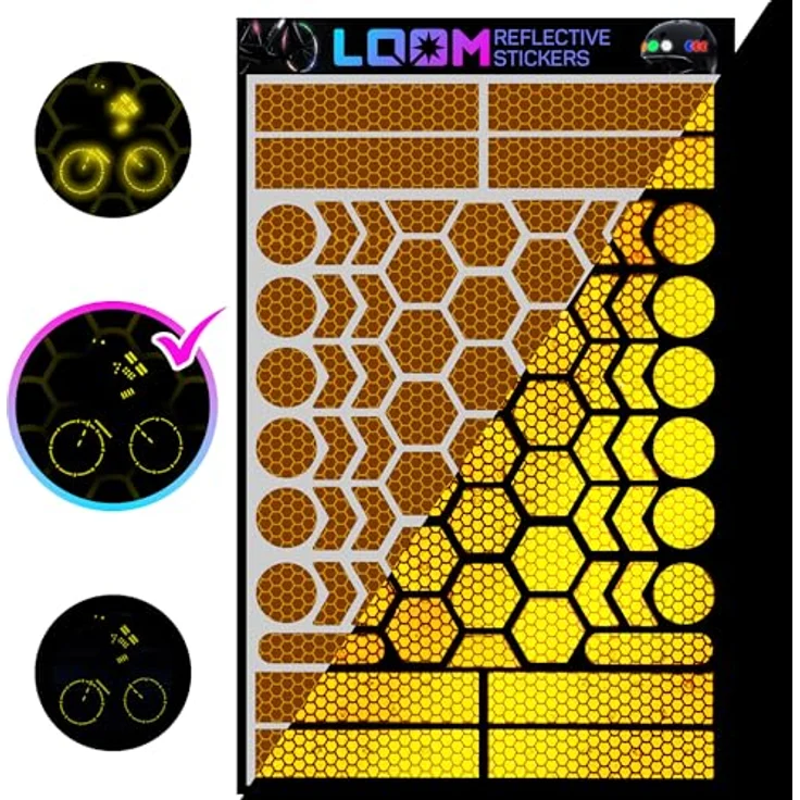 LOOM Fahrrad Reflektoren Aufkleber Set, 67 Stück in Prismatic Gelb, Wasserdicht, German Oralite Qualität für Helm, Auto und Anhänger – Bild 1