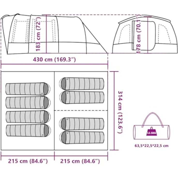 vidaXL Tunnel Familienzelt 8 Personen, Wasserdichtes Campingzelt mit Steckverbindungssystem, Blau 185T Polyester, inklusive Heringen und Abspannseilen – Bild 3