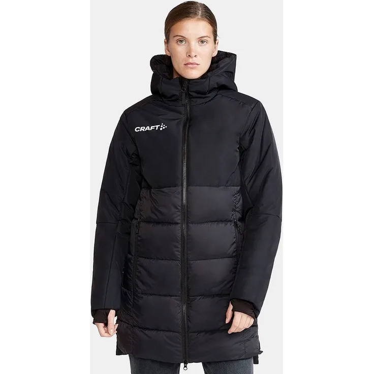 Craft Evolve Isolate Damen Winterjacke/Stadionjacke, 100% recyceltes Polyamid, Schwarz, mit Kapuze und Zwei-Wege-Reißverschluss