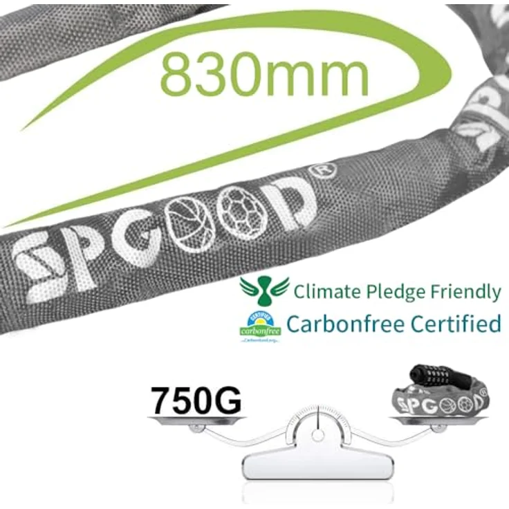 SPGOOD Fahrradschloss mit 5-stelligem Zahlencode, gehärteter Stahlkette (7 mm dick), hohe Sicherheitsstufe, 830 mm lang, Grau – Bild 2