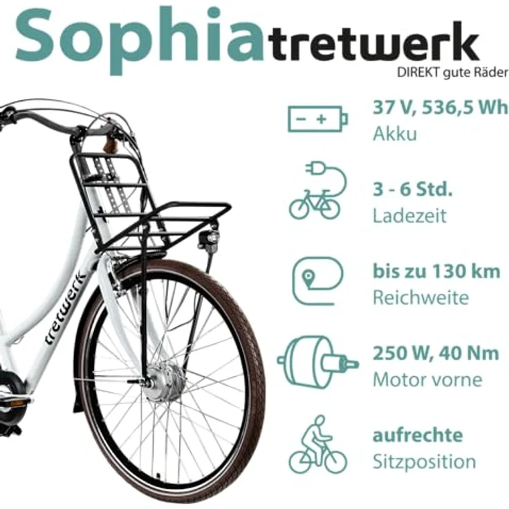 Tretwerk Sophia E-Bike, 28 Zoll Pedelec mit 3 Gängen, 522 Wh Akku, Bluetooth und App, schwarz/weiß – Bild 3