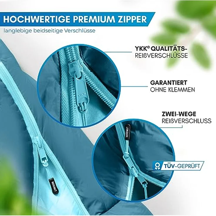 NORDMUT® Schlafsack Ultraleicht, Mumienschlafsack 100 GSM Sommer und 300 GSM 4-Jahreszeiten, wasserfest, 900g, mit Kompressionsbeutel, Graublau – Bild 4