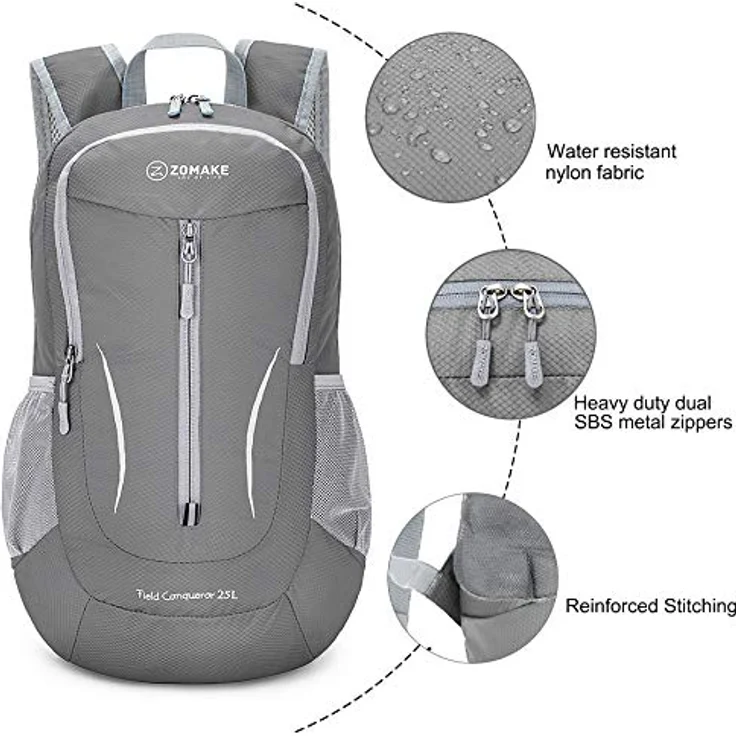 ZOMAKE Ultraleichter faltbarer Rucksack, wasserabweisend, 25 l, Blassgrau – Bild 5