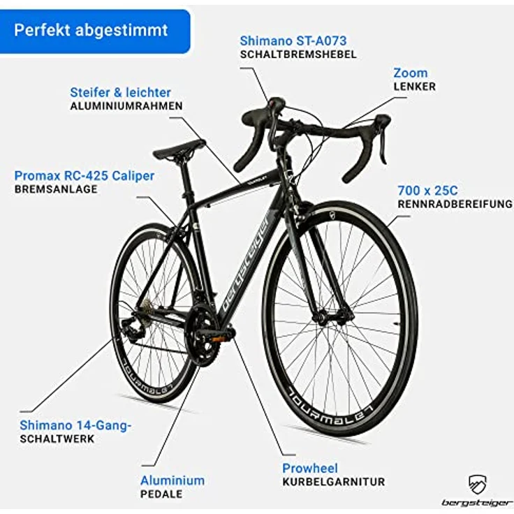 Bergsteiger Tourmalet 28 Zoll Rennrad, Aluminium Gravelbike mit Shimano 14 Gang-Schaltung, Gewicht nur 11 kg, für Herren & Damen ab 170 cm, mattes Schwarz – Bild 5