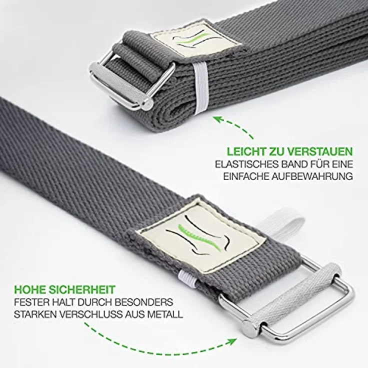 BACKLAxx® Yoga Gurt Baumwolle (grau) – Nachhaltiges Yoga Zubehör Set, Yogagurt 250 cm lang mit praktischem Verschluss aus Metall – Yoga Set ideal für Yoga, Pilates und Dehnen inkl. Anwendungsvideos – Bild 4