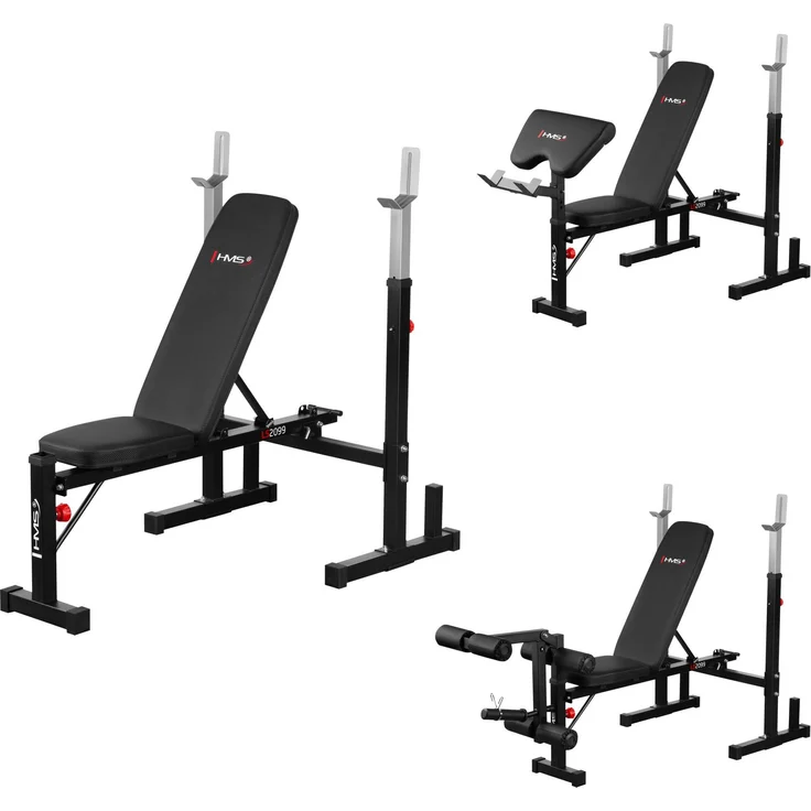 HMS Hantelbank LS2099, verstellbare Rückenlehne, Hantelablagen, Curl-Bench, Beinpresse, faltbar, bis 220 kg