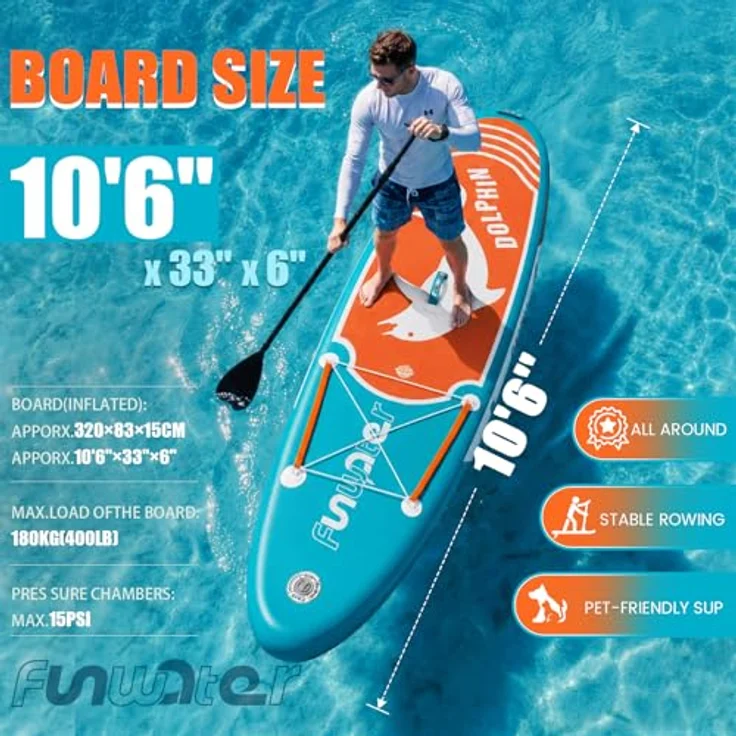 FunWater Stand Up Paddling Board 320 cm & 350 cm – Doppellagiges PVC, aufblasbares SUP für 2 Personen, inklusive Zubehör, DELFIN-BLAU, anfängerfreundlich – Bild 2