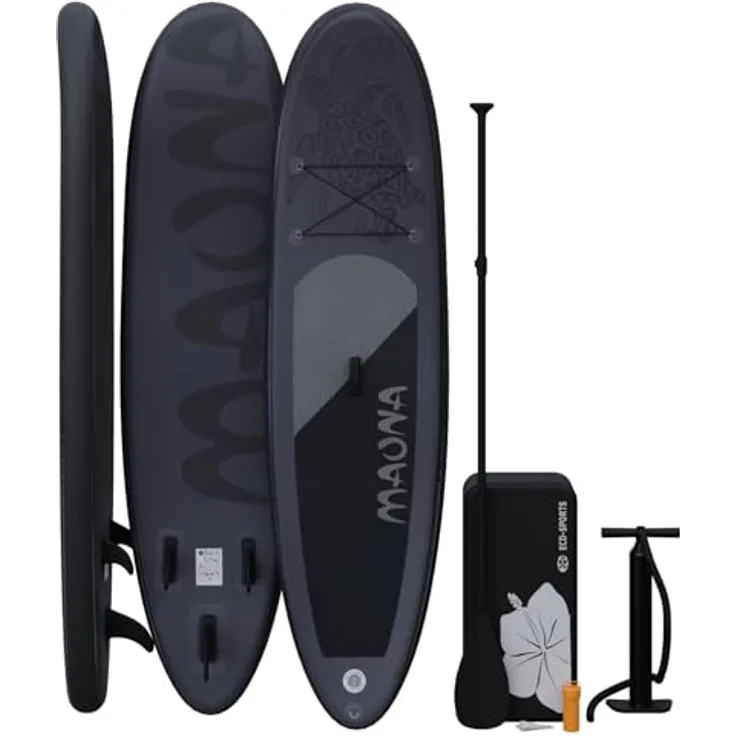 HAGO Stand Up Paddle-Board, 308 cm lang, Schwarz, Komplettset mit Alu-Paddel, Luftpumpe, Tragetasche, 120 kg Tragkraft