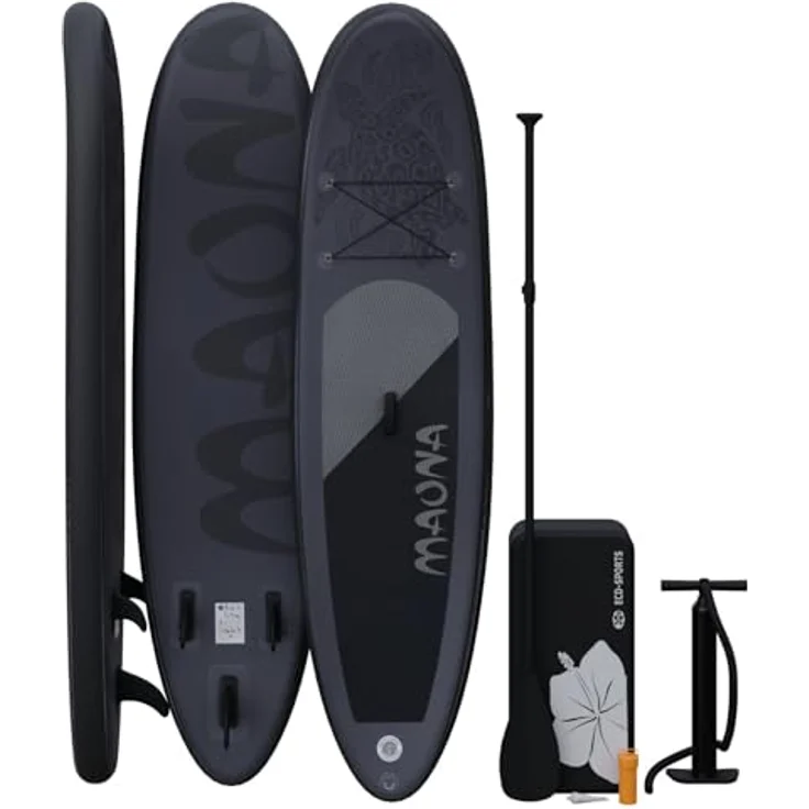 HAGO Stand Up Paddle-Board, 308 cm lang, Schwarz, Komplettset mit Alu-Paddel, Luftpumpe, Tragetasche, 120 kg Tragkraft – Bild 1