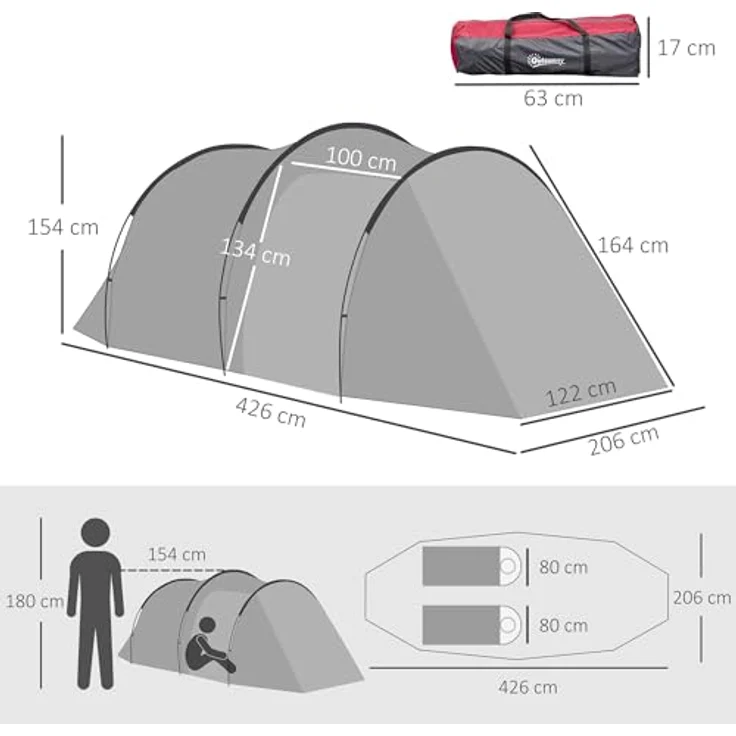 Outsunny Campingzelt für 2-3 Personen stabil wasserdicht Familienzelt mit Seitentür Fenster Packtasche, Zelt mit 2000mm Wassersäule Tunnelzelt Kuppelzelt für Camping Reise Trekking Garten, Dunkelgrau – Bild 5