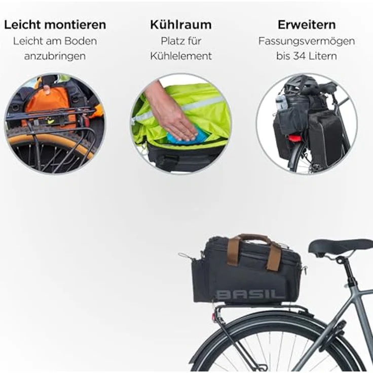Basil Miles XL Pro, Velotasche für Gepäckträger, erweiterbar von 9 l auf 36 l, wasserdicht, schwarz mit hellgrünen Details, mit isolierendem Fach für Getränkeflasche und Kühlelementfächern – Bild 2
