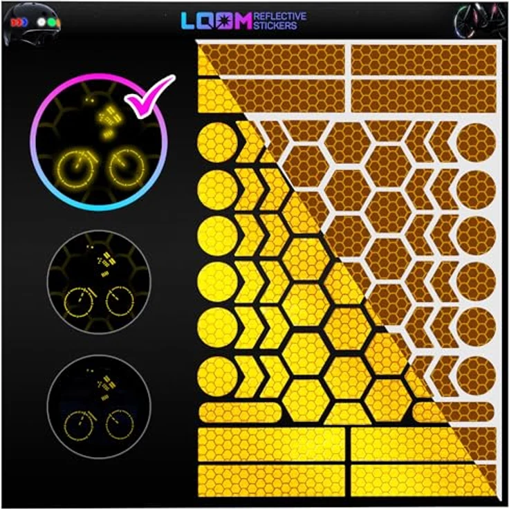 LOOM Fahrrad Reflektoren Aufkleber Set, 67 Stück in Brilliant Gelb, wasserdichte Oralite Qualität für Helm, Rucksack und Anhänger – Bild 1