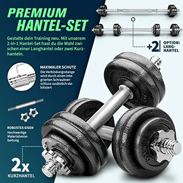 RE:SPORT 2 in 1 Hanteln Set 15 Kilogramm | Hantelset Gusseisen verstellbar | Kurzhantel & Langhantel | Sternverschlüsse & Verbindungsrohr – Bild 2