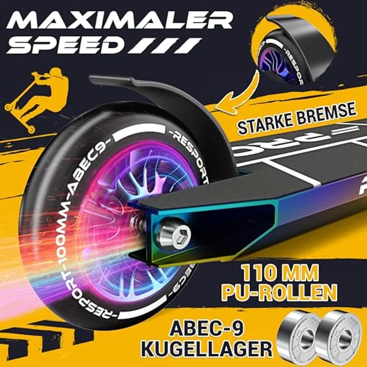 RE:SPORT REVO PRO Stunt Scooter für Kinder & Erwachsene, Profi Stuntroller mit 110mm PU-Rollen, Y-Bar, ABEC 9 Kugellagern, rutschfestem Pro-Deck und Ständer – Bild 5