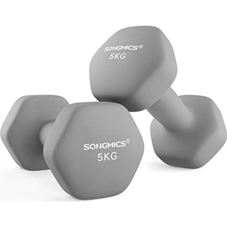 SONGMICS Hanteln, 2er Set, 2 x 5 kg, Hantelset, Kurzhanteln, Hexagon, Neopren-Beschichtung, Krafttraining, Workout, Fitnesstraining, für Zuhause, grau SYL910G01