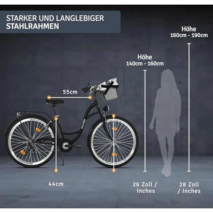 Milordbikes City-Fahrrad, Schwarz, 46 cm, Metallrahmen, leicht rollende 700C x 35 mm City-Reifen, inkl. hinterer Trägersystem – Bild 3