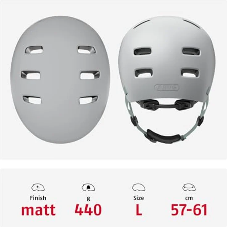 ABUS Fahrradhelm XOXO, Cityhelm im Skater-Look für Skateboard, Fahrrad und Scooter, optimiertes Kinnpolster, Größe L, Grau – Bild 3