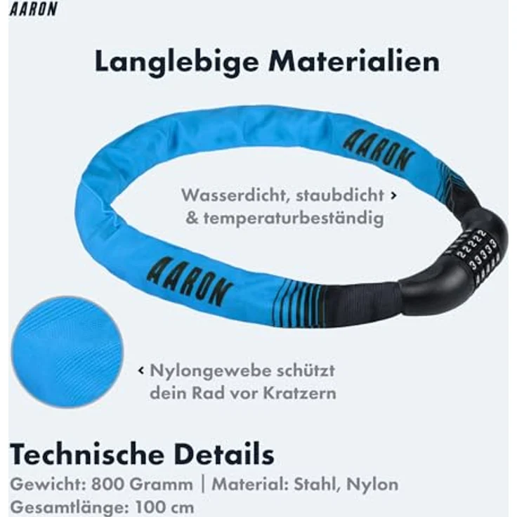 AARON Lock One Fahrradschloss, Kettenschloss mit 5-stelligem Zahlencode, 100 cm lang, gehärteter Stahl, hohe Sicherheitsstufe, blau – Bild 3