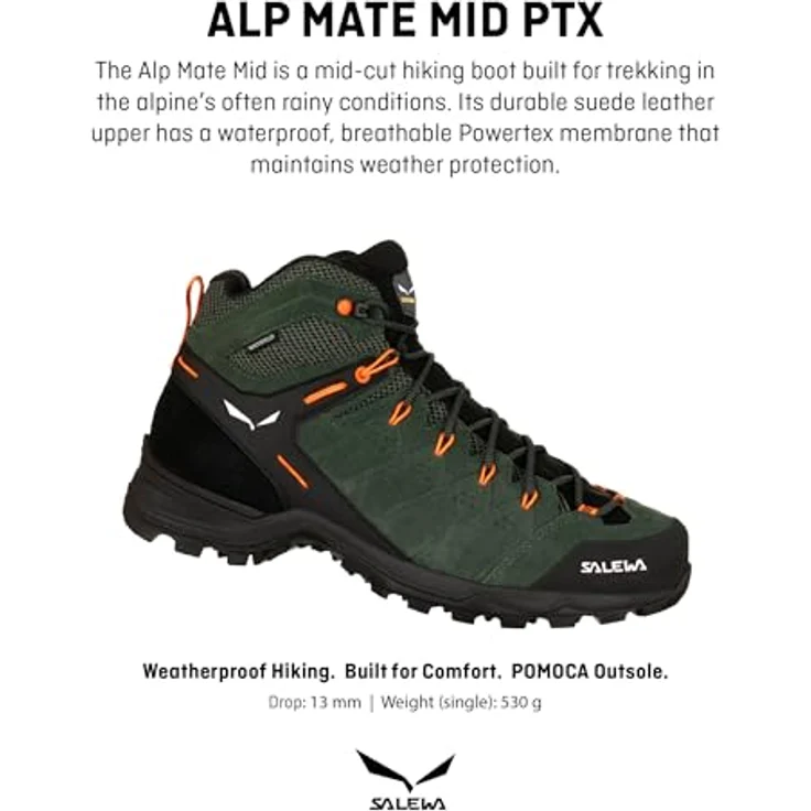 Salewa Alp Mate Mid, Herren Wanderschuhe, wasserdicht, Veloursleder, Grün, Größe 42 – Bild 2