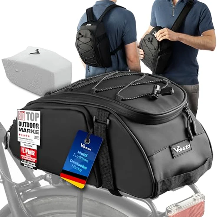 Valkental 3in1 Fahrradtasche für Gepäckträger, wasserfest und reflektierend, Rucksackfunktion, 10-14L Volumen, zahlreiche Fächer, schwarz/grau – Bild 1