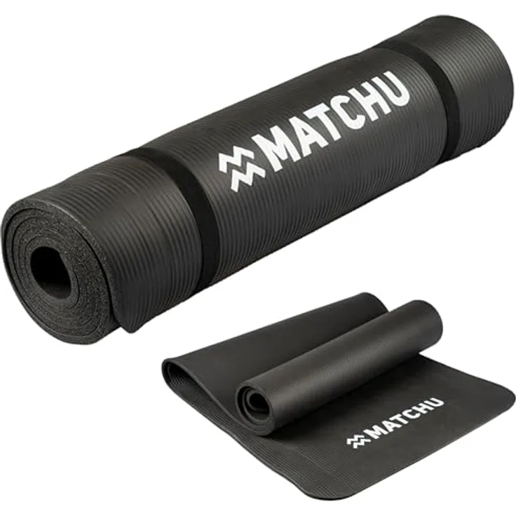 MATCHU Fitnessmatte - rutschfeste Yogamatte aus strapazierfähigem NBR, 180 x 60 x 1 cm, inkl. Tragekordel, schwarz