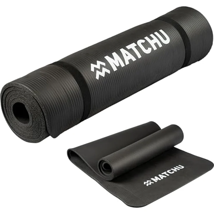 MATCHU Fitnessmatte - rutschfeste Yogamatte aus strapazierfähigem NBR, 180 x 60 x 1 cm, inkl. Tragekordel, schwarz – Bild 1