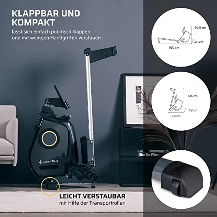SportPlus Rudergerät für zuhause, Rudergerät klappbar mit App-Steuerung und 24-Stufen-Magnetbremse mit 8kg Schwungmasse, Maße: ca. 180x48x96,5cm (LxBxH); Klappmaße: 79x48x134cm (LxBxH) – Bild 5