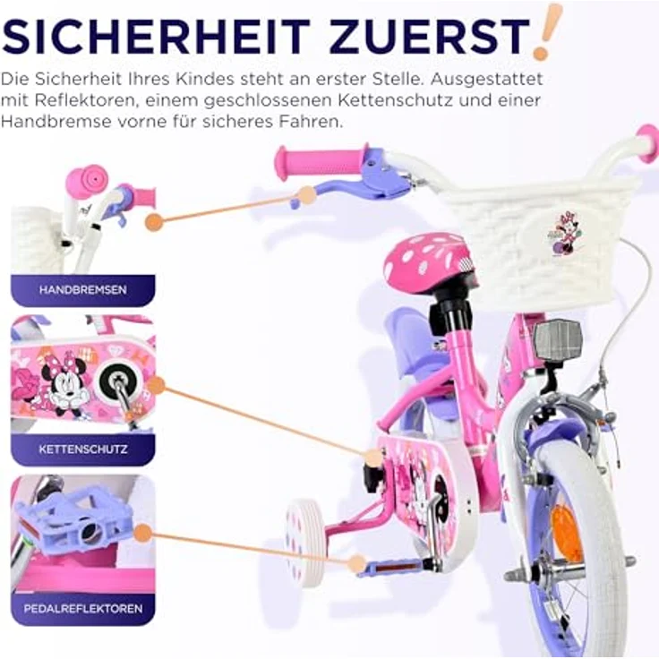 Volare Kinderfahrrad Minnie, 12 Zoll, rosa, mit Handbremse, Rücktrittbremse und abnehmbaren Stützrädern, für Mädchen – Bild 3