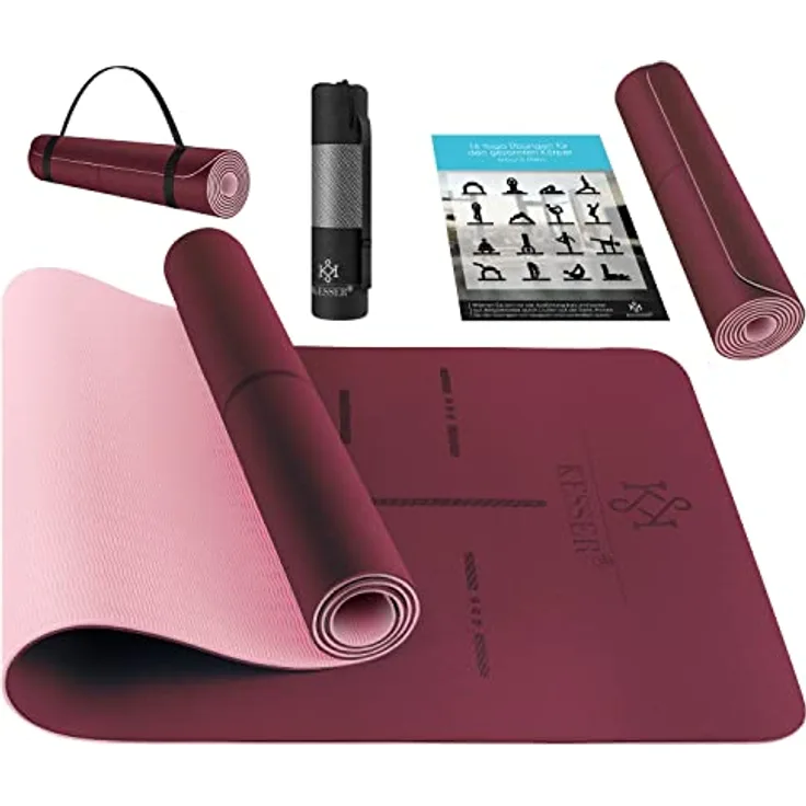 KESSER® Gymnastikmatte mit Tragegurt rutschfest TPE Yogamatte Gepolstert & rutschfest Fitnessmatte, 183 x 61 Trainingsmatte für Fitness Sportmatte, Pilates & Gymnastik Workout extradick (Bordeaux)
