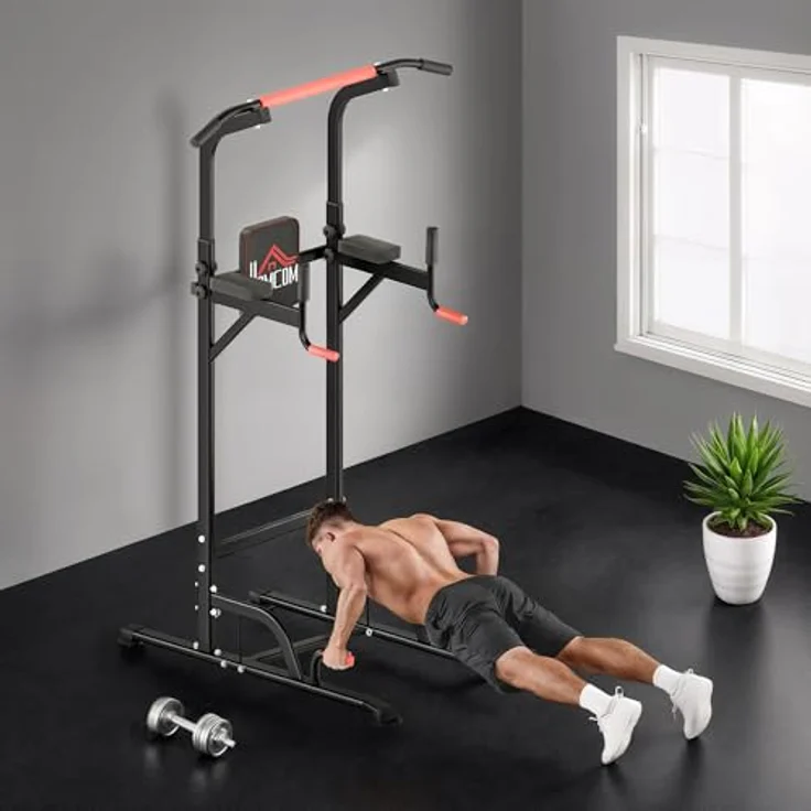 HOMCOM Power Tower, höhenverstellbare Dip Station mit Klimmzugstange und 4 Saugnäpfen, Schwarz-Rot, max. 120 kg belastbar – Bild 8